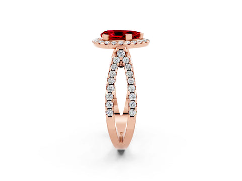 Rose gold Pear Cut Ruby Halo Ring with Split Shank Pavé Band and Prong Setting_2