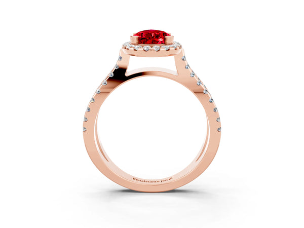 Rose gold Pear Cut Ruby Halo Ring with Split Shank Pavé Band and Prong Setting
