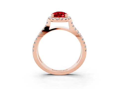 Rose gold Pear Cut Ruby Halo Ring with Split Shank Pavé Band and Prong Setting_3