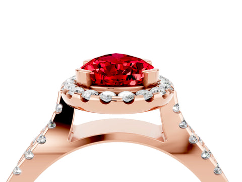 Rose gold Pear Cut Ruby Halo Ring with Split Shank Pavé Band and Prong Setting_4