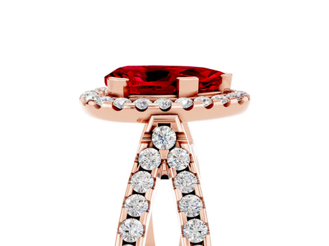 Rose gold Pear Cut Ruby Halo Ring with Split Shank Pavé Band and Prong Setting_5