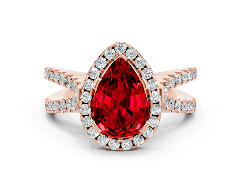 Rose gold Pear Cut Ruby Halo Ring with Split Shank Pavé Band and Prong Setting