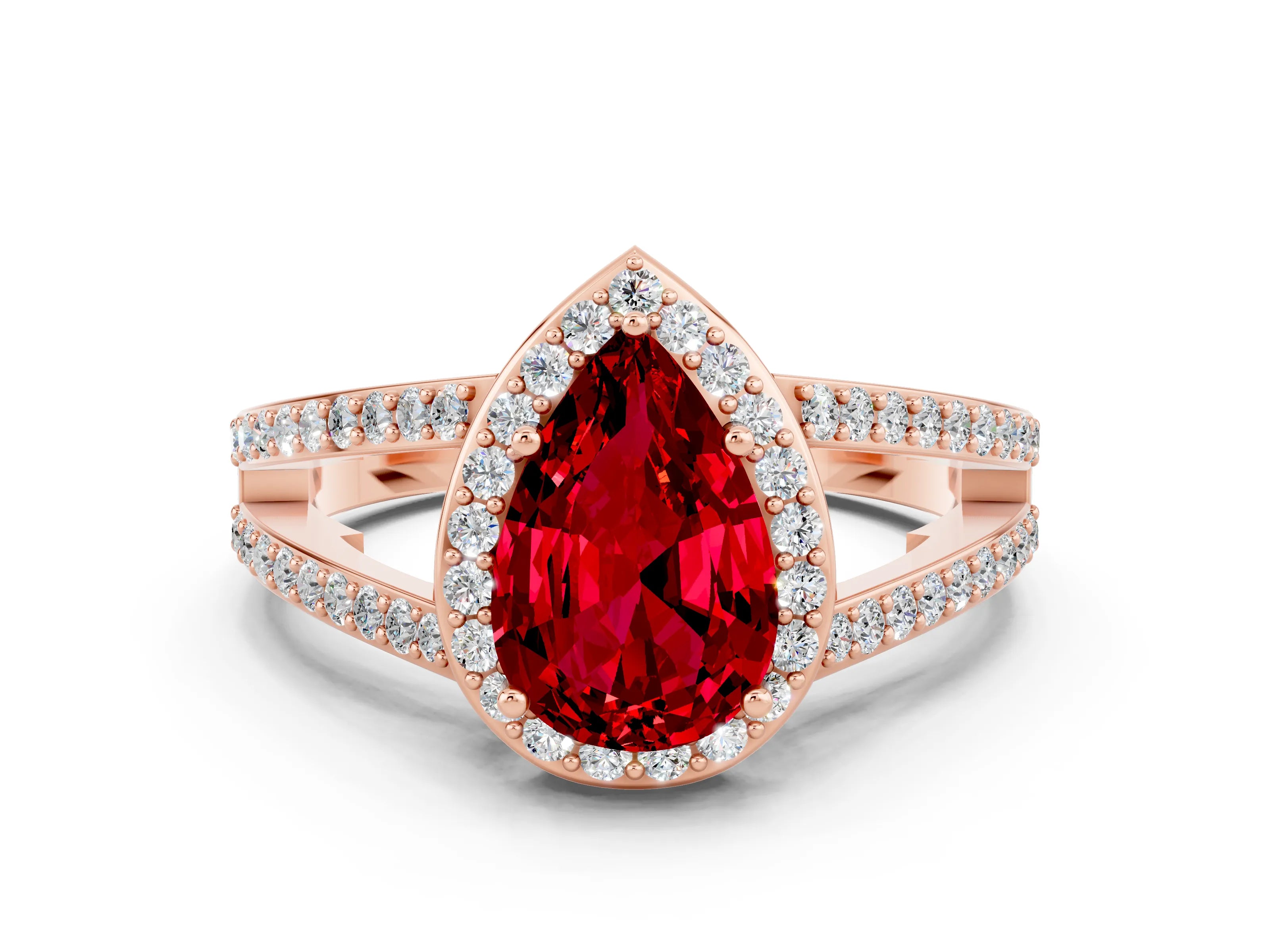Rose gold Pear Cut Ruby Halo Ring with Split Shank U-Prong Band and Four-Prong Setting