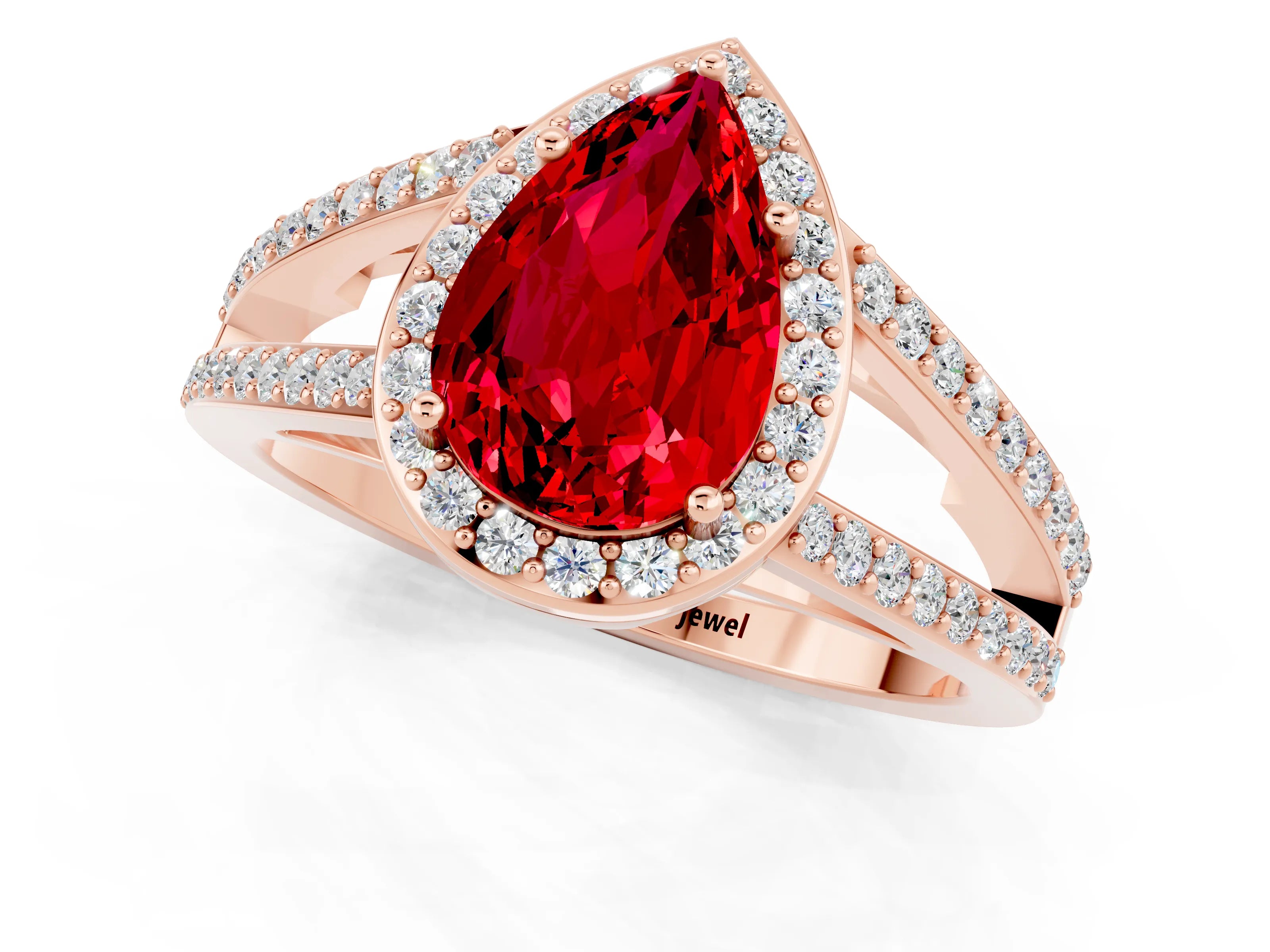 Rose gold Pear Cut Ruby Halo Ring with Split Shank U-Prong Band and Four-Prong Setting_1