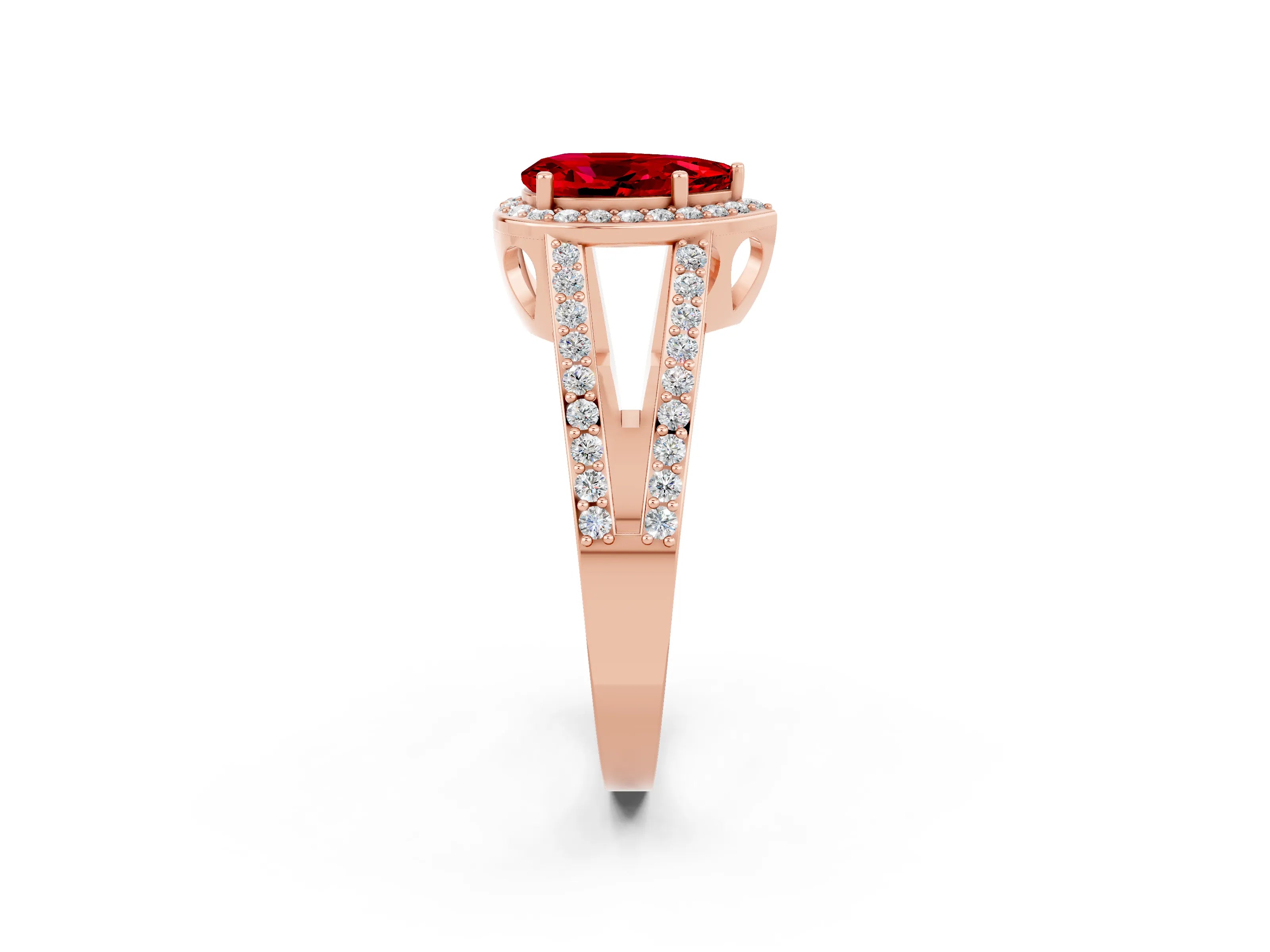 Rose gold Pear Cut Ruby Halo Ring with Split Shank U-Prong Band and Four-Prong Setting_2