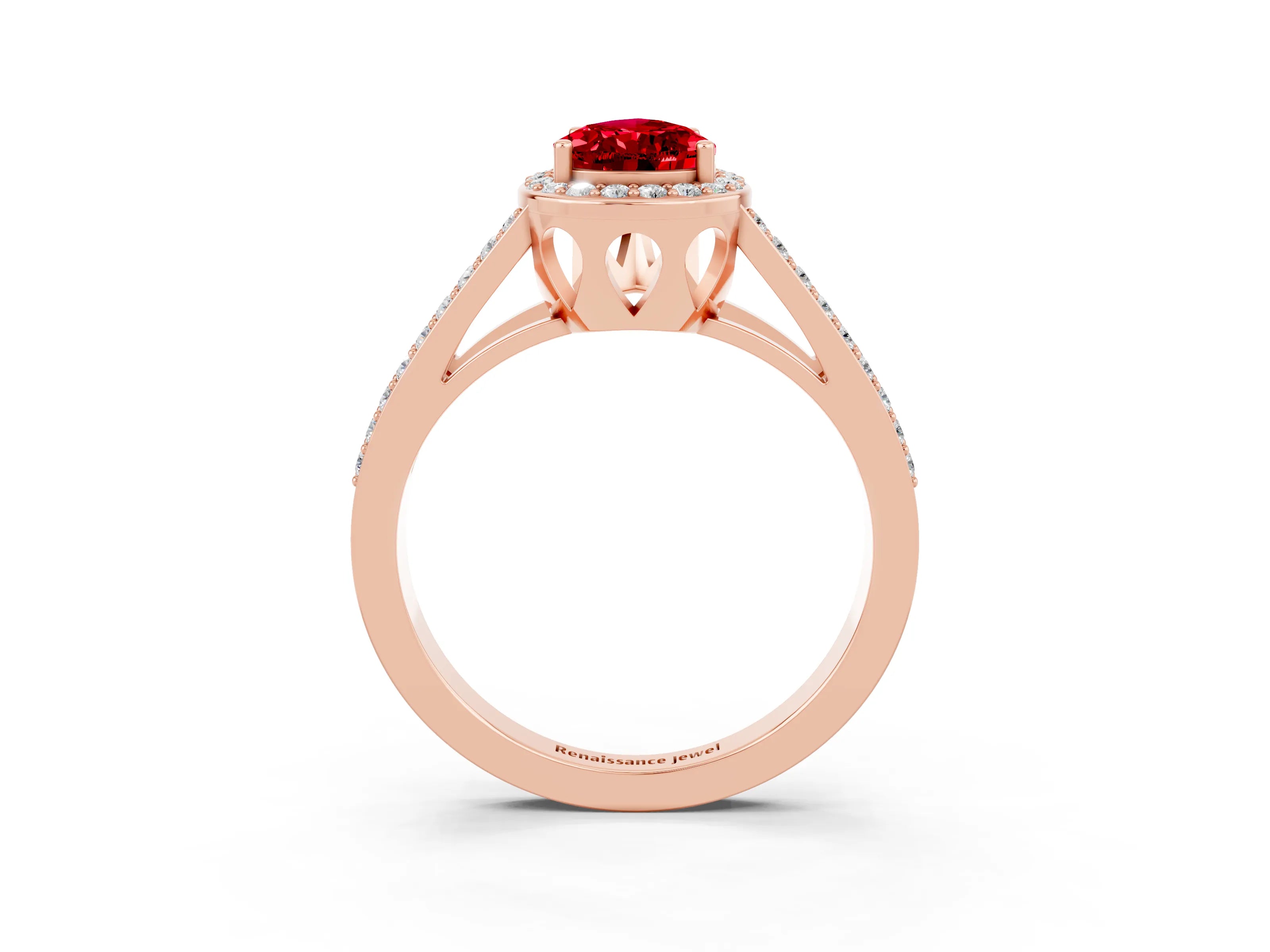 Rose gold Pear Cut Ruby Halo Ring with Split Shank U-Prong Band and Four-Prong Setting_3