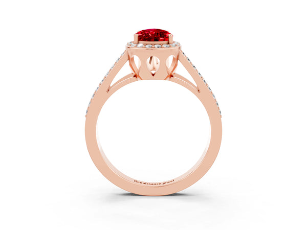 Rose gold Pear Cut Ruby Halo Ring with Split Shank U-Prong Band and Four-Prong Setting