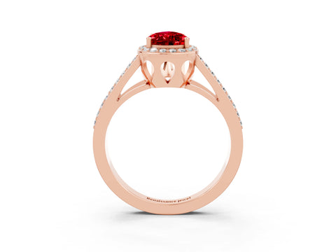 Rose gold Pear Cut Ruby Halo Ring with Split Shank U-Prong Band and Four-Prong Setting_3