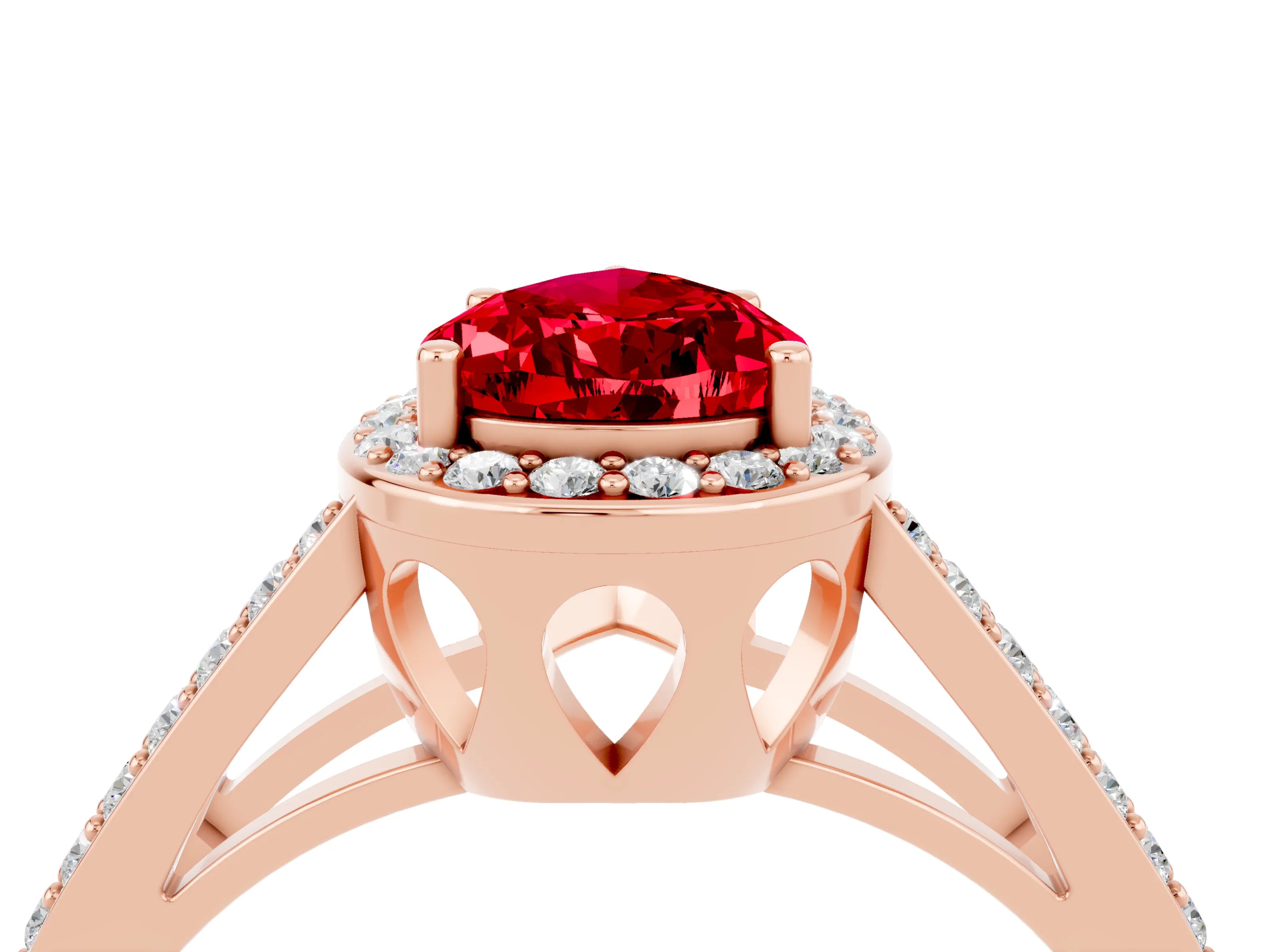 Rose gold Pear Cut Ruby Halo Ring with Split Shank U-Prong Band and Four-Prong Setting_4