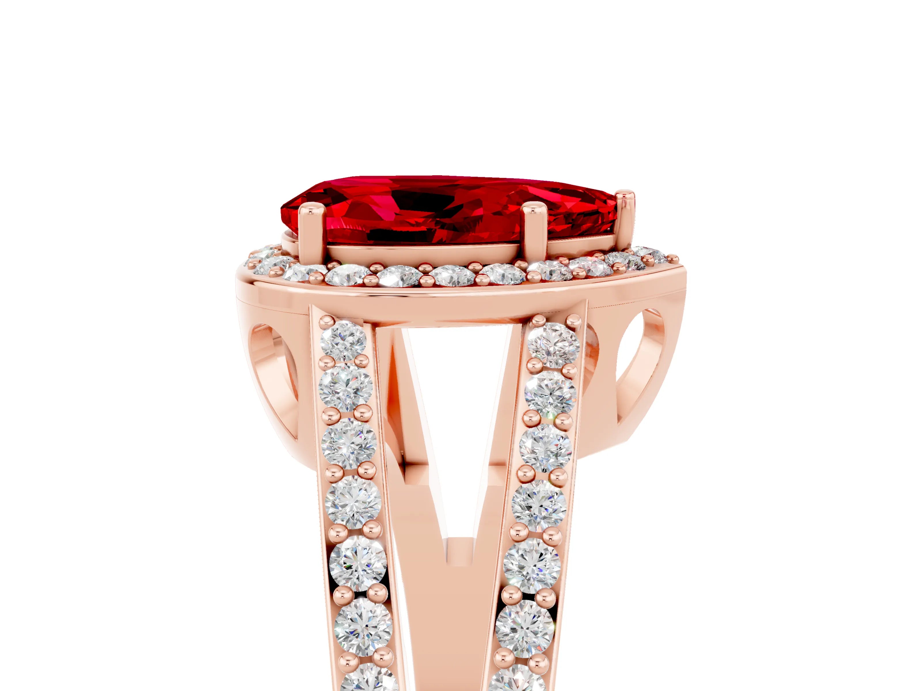 Rose gold Pear Cut Ruby Halo Ring with Split Shank U-Prong Band and Four-Prong Setting_5