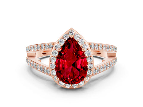 Rose gold Pear Cut Ruby Halo Ring with Split Shank U-Prong Band and Four-Prong Setting