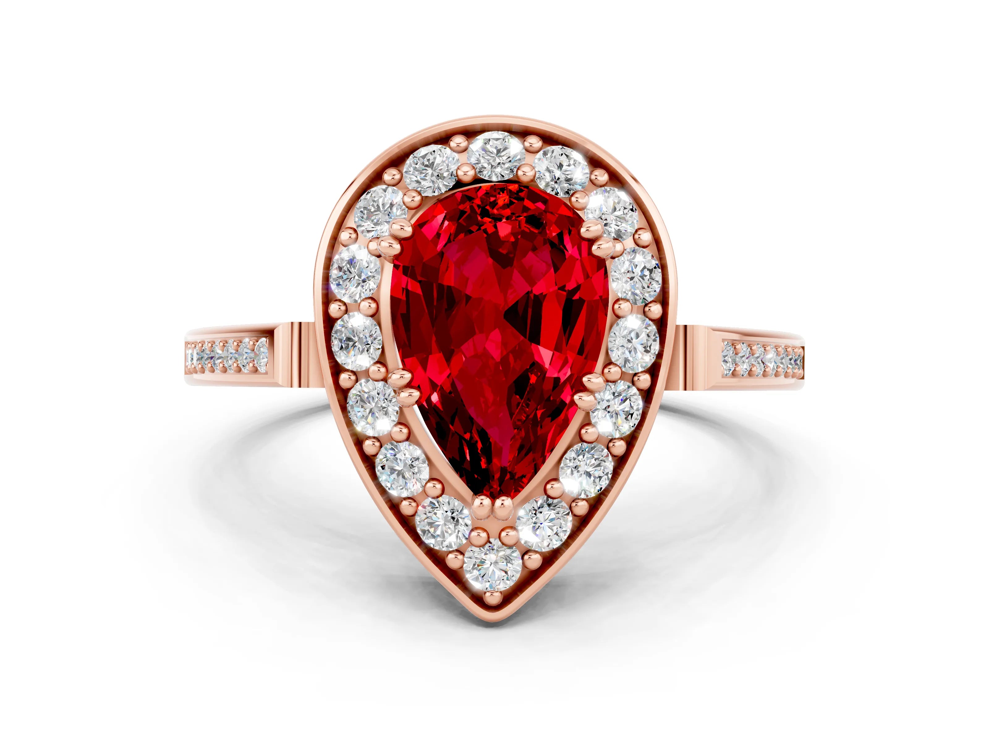 Rose gold Pear Cut Ruby Halo Ring with Split Shank and Four-Prong Setting