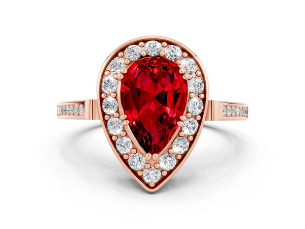 Rose gold Pear Cut Ruby Halo Ring with Split Shank and Four-Prong Setting