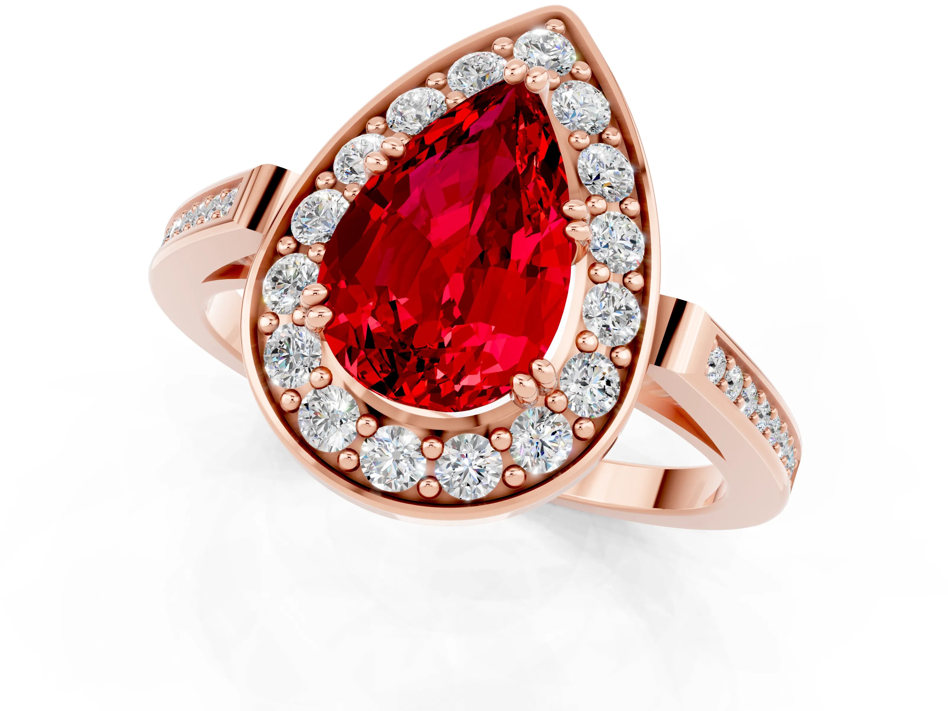 Rose gold Pear Cut Ruby Halo Ring with Split Shank and Four-Prong Setting_1