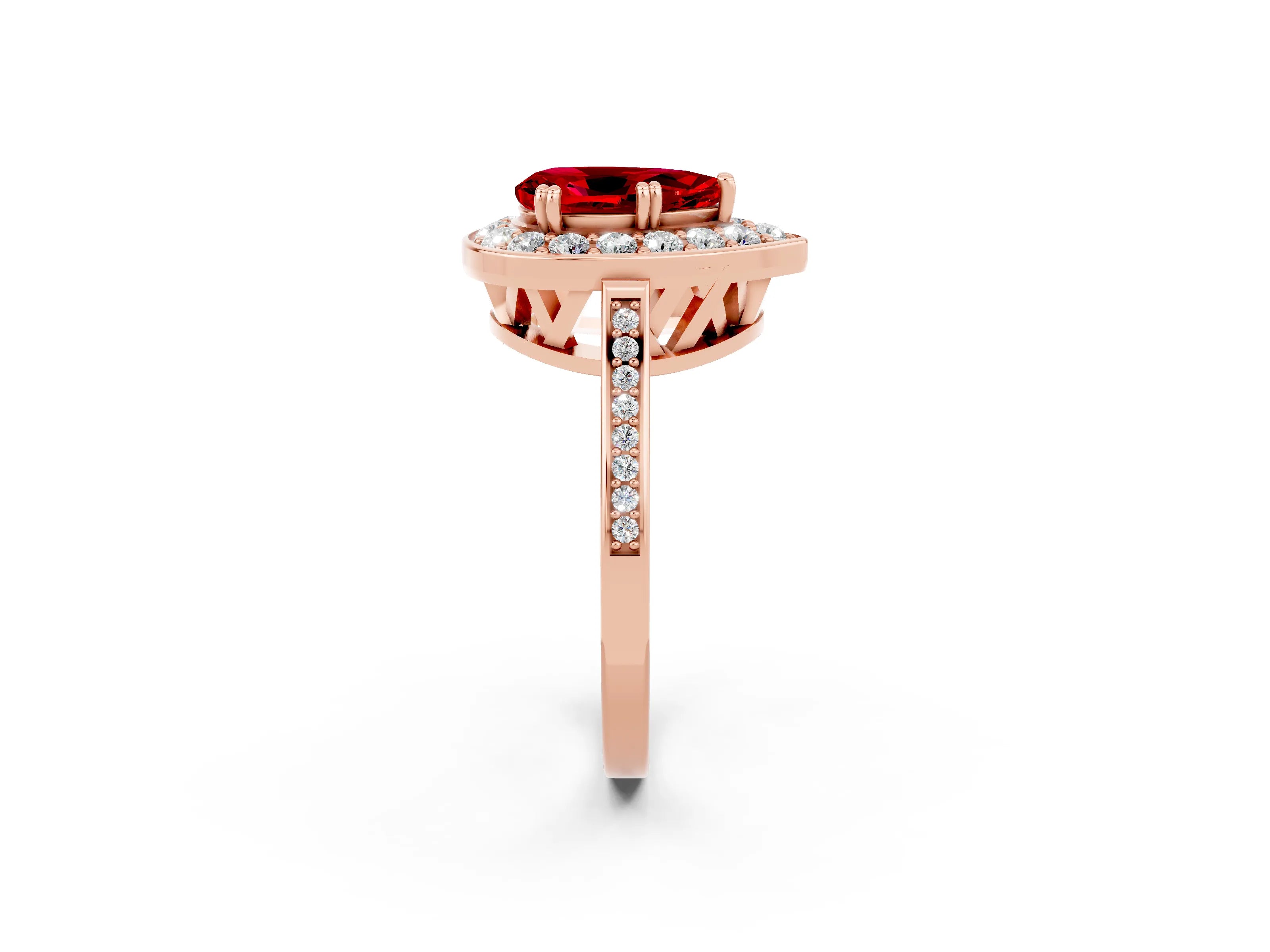 Rose gold Pear Cut Ruby Halo Ring with Split Shank and Four-Prong Setting_2