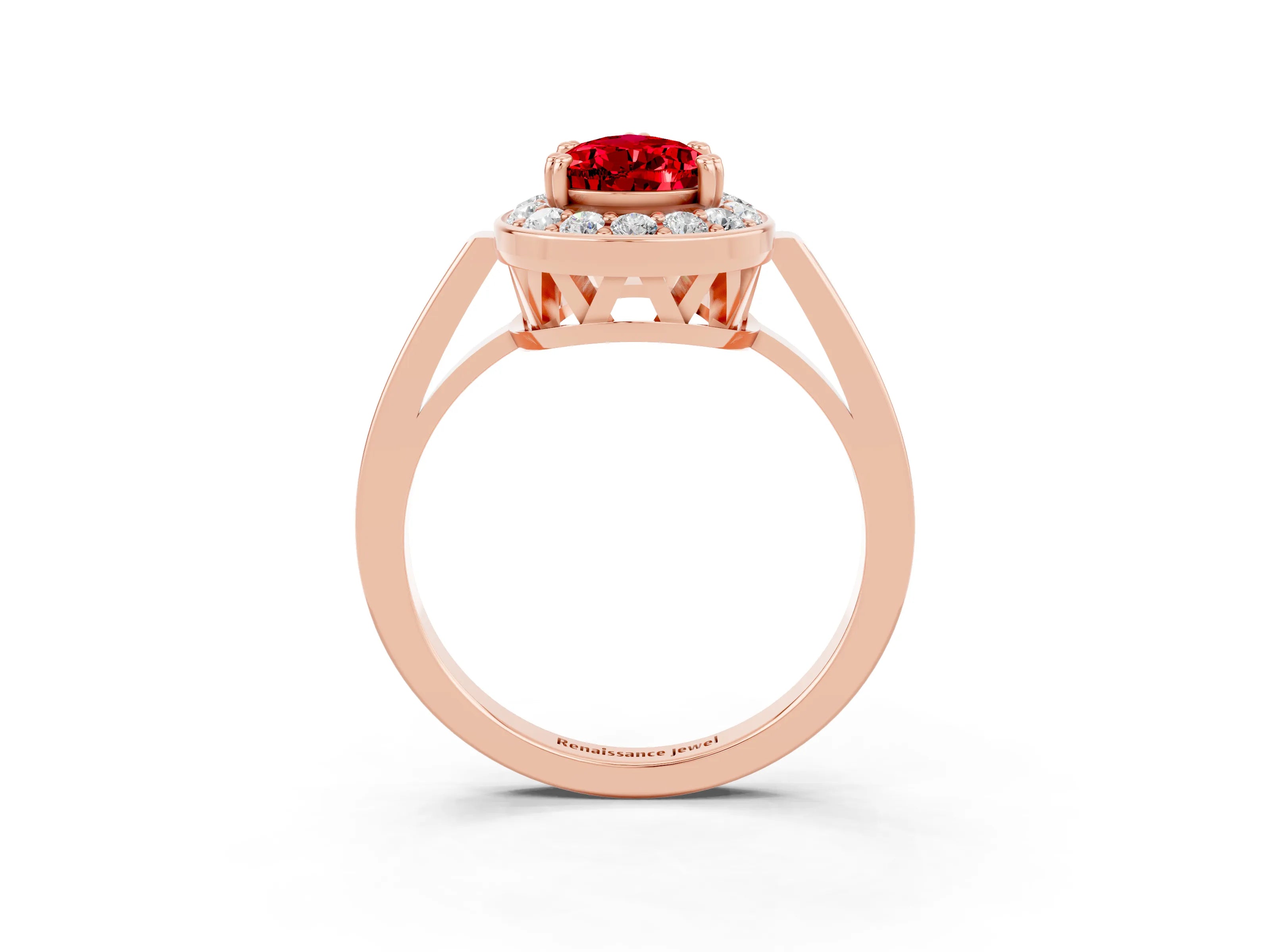 Rose gold Pear Cut Ruby Halo Ring with Split Shank and Four-Prong Setting_3