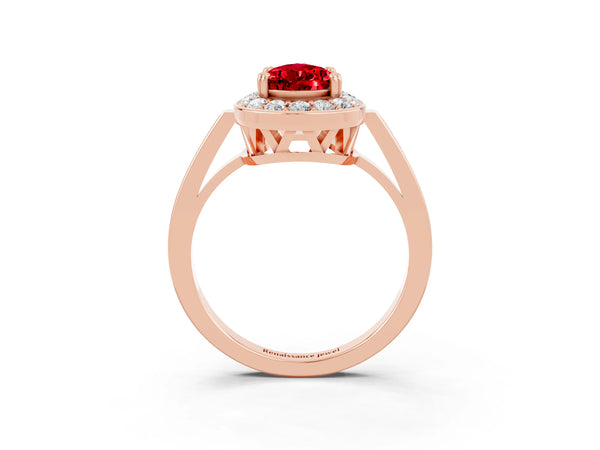 Rose gold Pear Cut Ruby Halo Ring with Split Shank and Four-Prong Setting