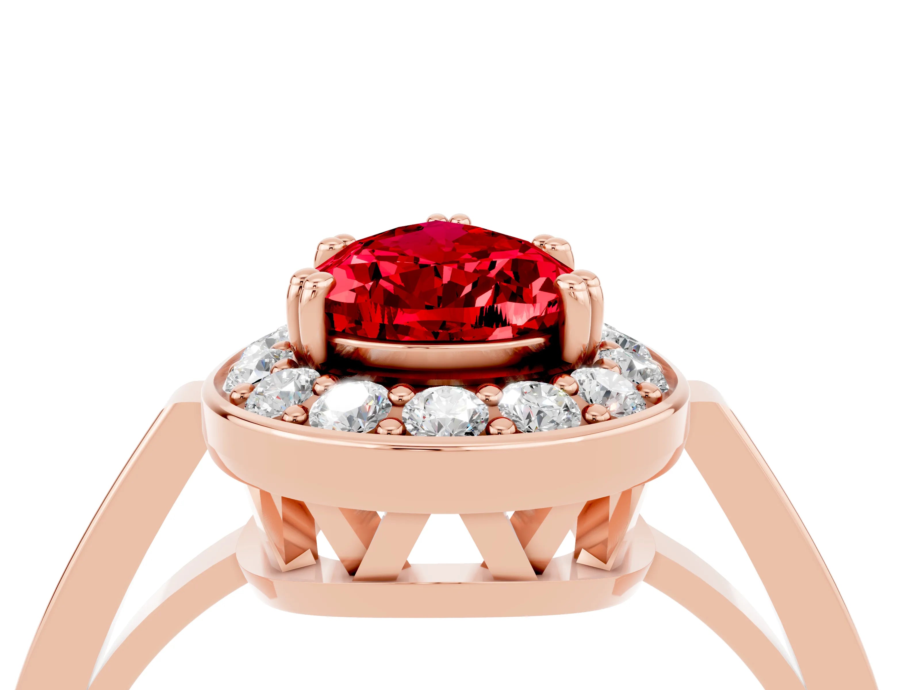 Rose gold Pear Cut Ruby Halo Ring with Split Shank and Four-Prong Setting_4