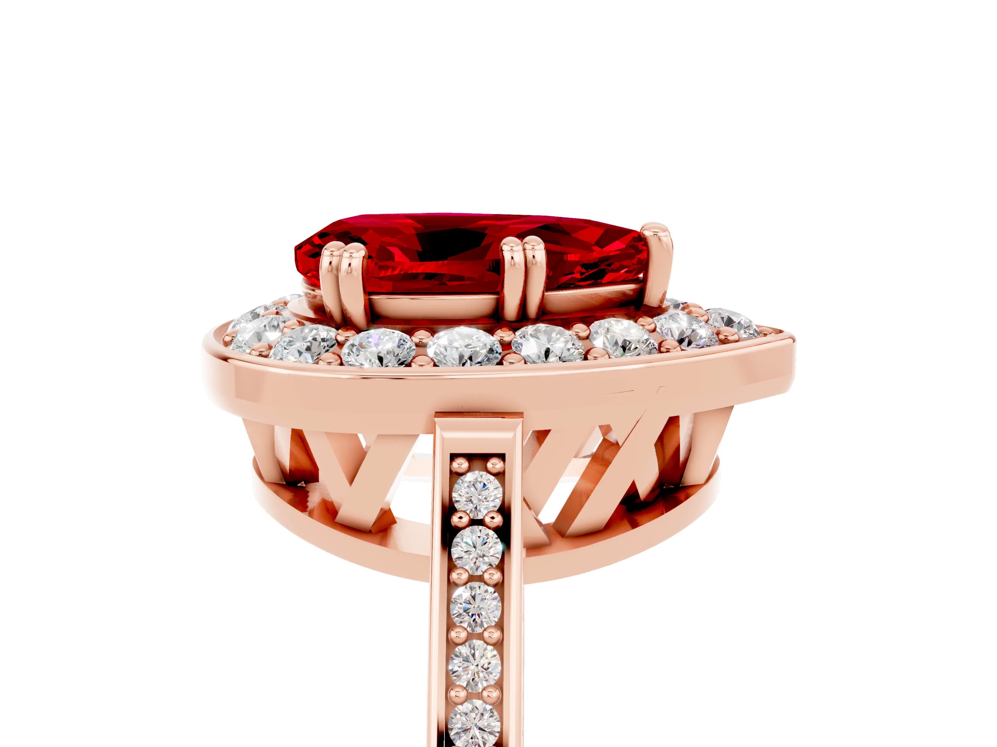 Rose gold Pear Cut Ruby Halo Ring with Split Shank and Four-Prong Setting_5