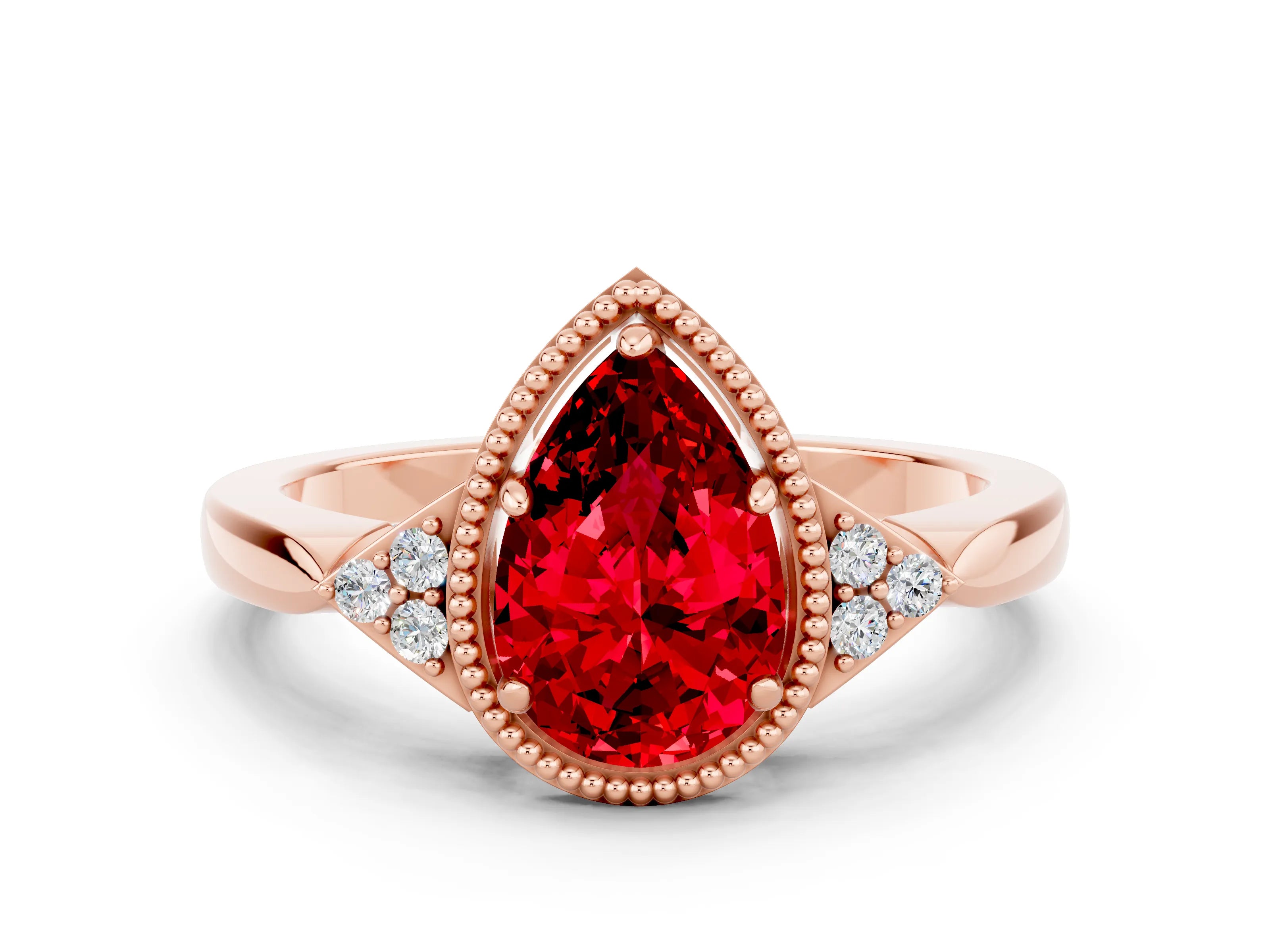 Rose gold Pear Cut Ruby Halo Ring with Tapered Band and Four-Prong Setting