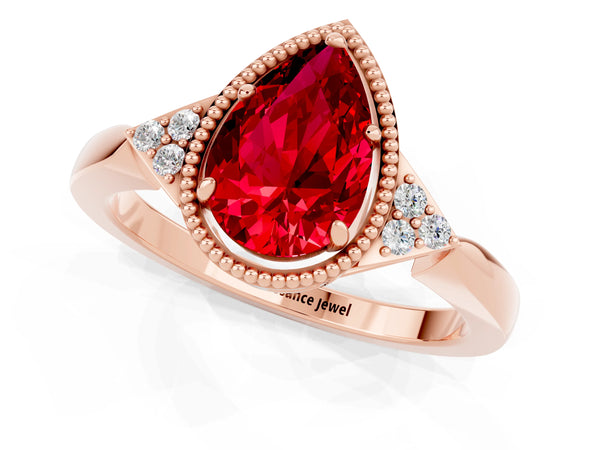 Rose gold Pear Cut Ruby Halo Ring with Tapered Band and Four-Prong Setting