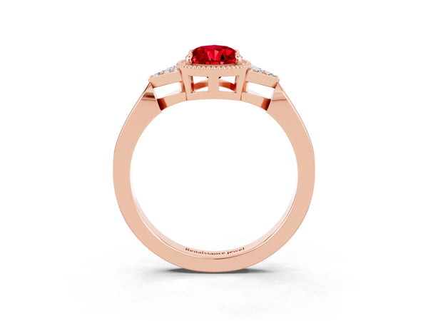 Rose gold Pear Cut Ruby Halo Ring with Tapered Band and Four-Prong Setting