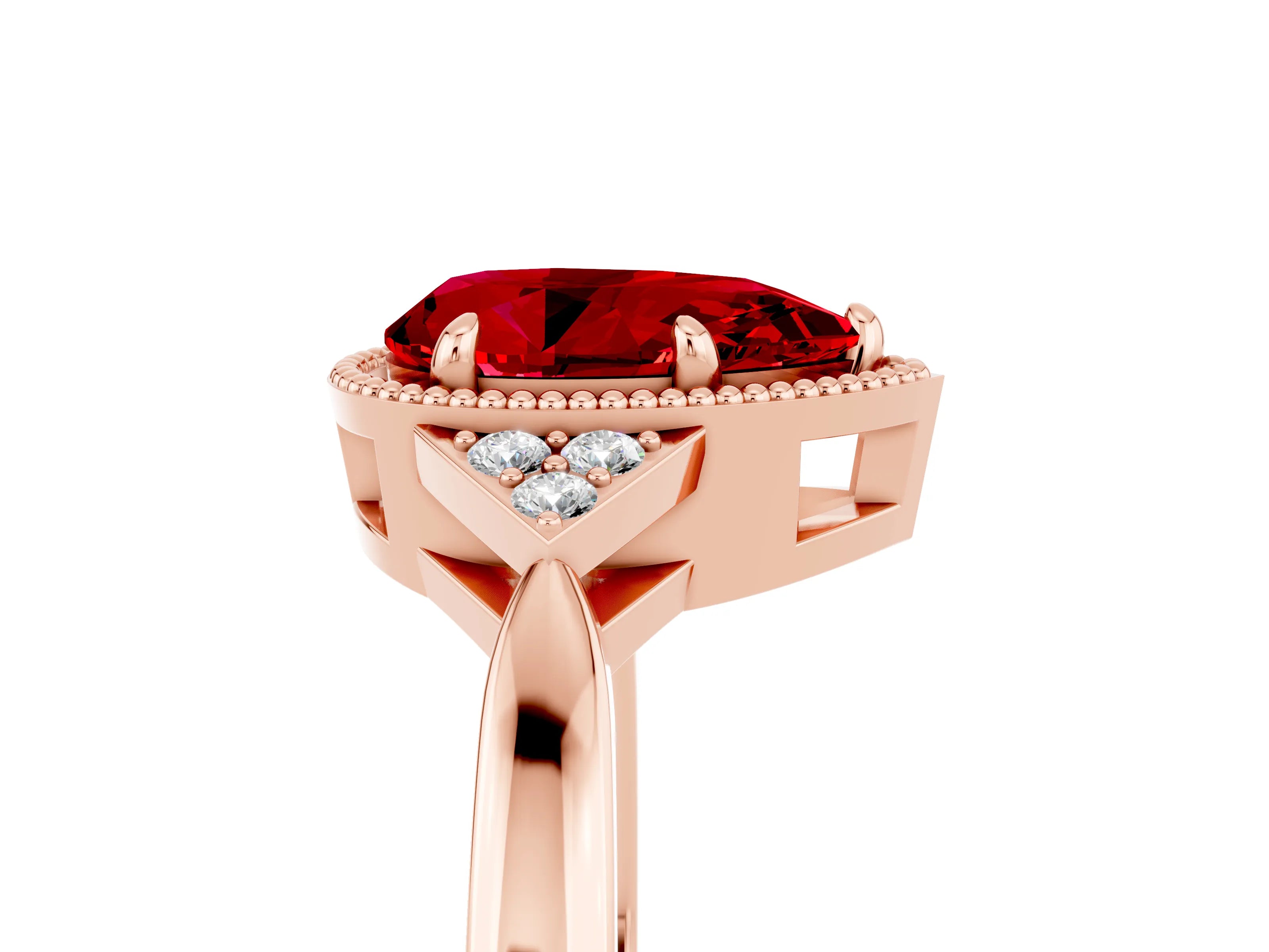 Rose gold Pear Cut Ruby Halo Ring with Tapered Band and Four-Prong Setting_5