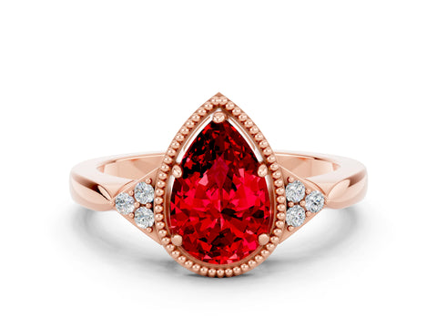 Rose gold Pear Cut Ruby Halo Ring with Tapered Band and Four-Prong Setting