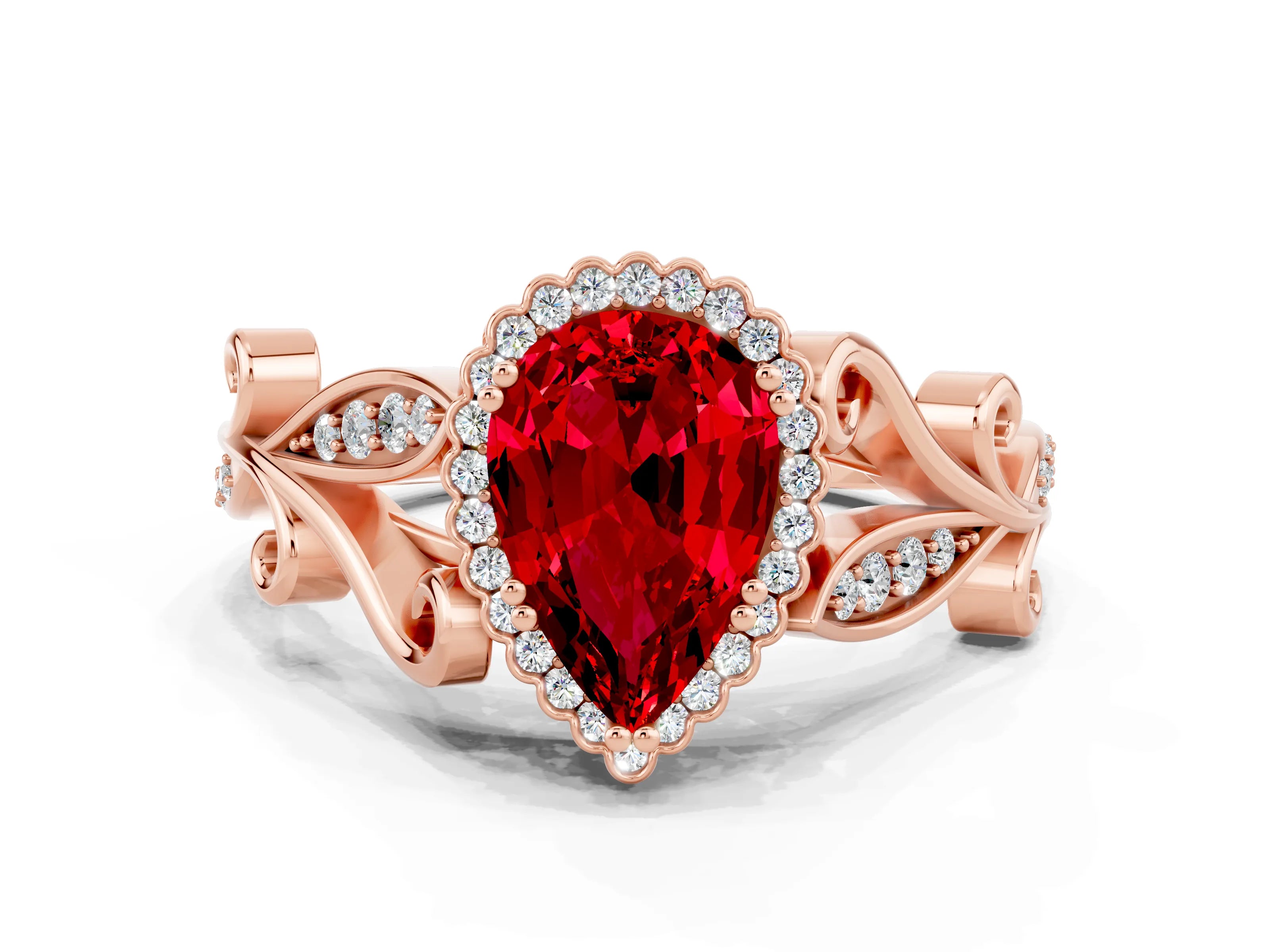Rose gold Pear Cut Ruby Halo Ring with Vintage Split Shank and Four-Prong Setting