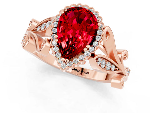 Rose gold Pear Cut Ruby Halo Ring with Vintage Split Shank and Four-Prong Setting_1