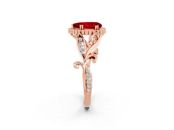 Rose gold Pear Cut Ruby Halo Ring with Vintage Split Shank and Four-Prong Setting