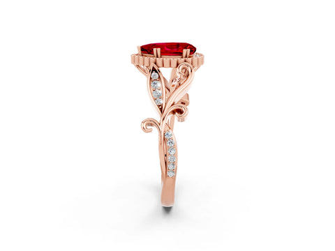 Rose gold Pear Cut Ruby Halo Ring with Vintage Split Shank and Four-Prong Setting_2