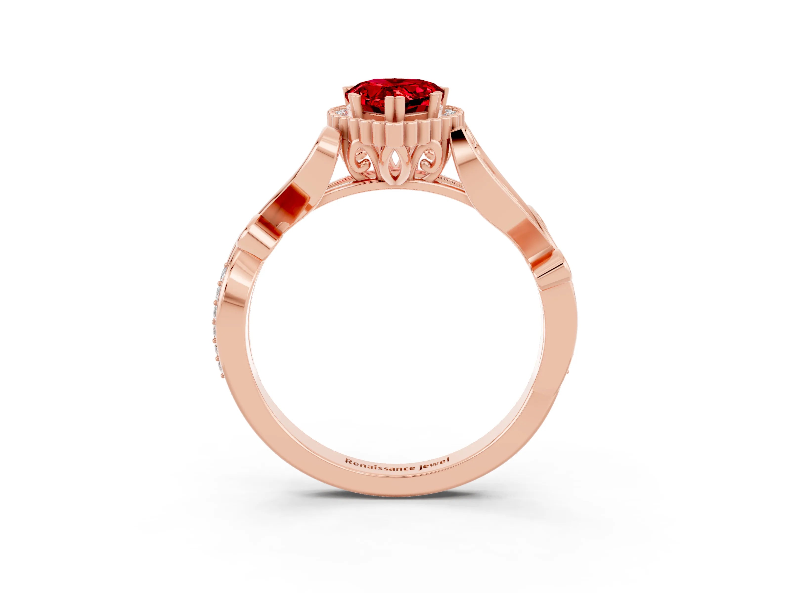 Rose gold Pear Cut Ruby Halo Ring with Vintage Split Shank and Four-Prong Setting_3