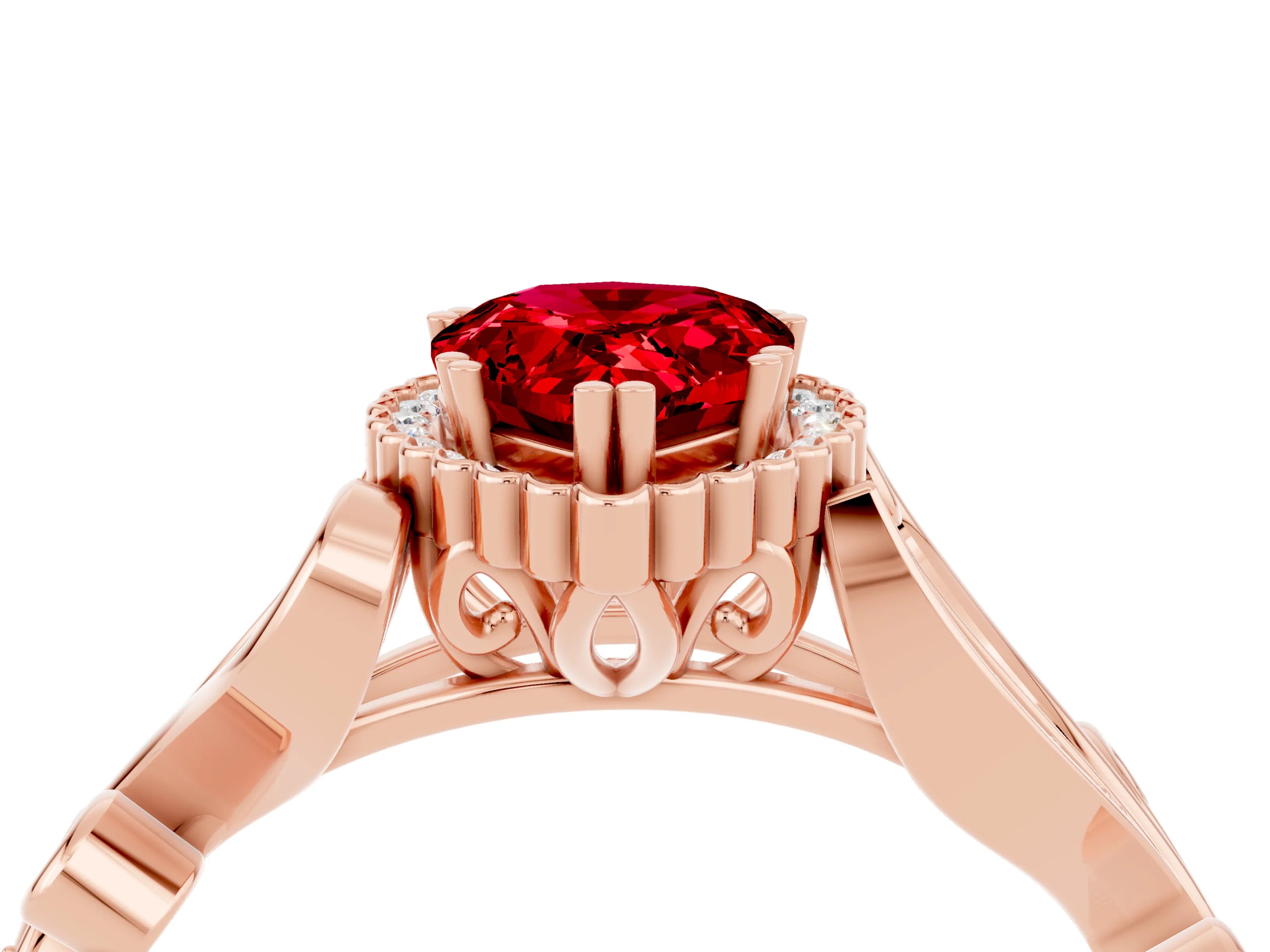 Rose gold Pear Cut Ruby Halo Ring with Vintage Split Shank and Four-Prong Setting_4
