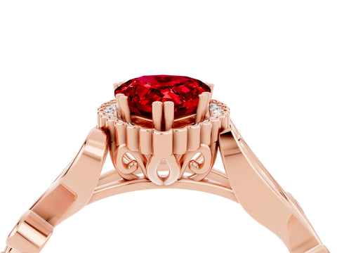 Rose gold Pear Cut Ruby Halo Ring with Vintage Split Shank and Four-Prong Setting_4