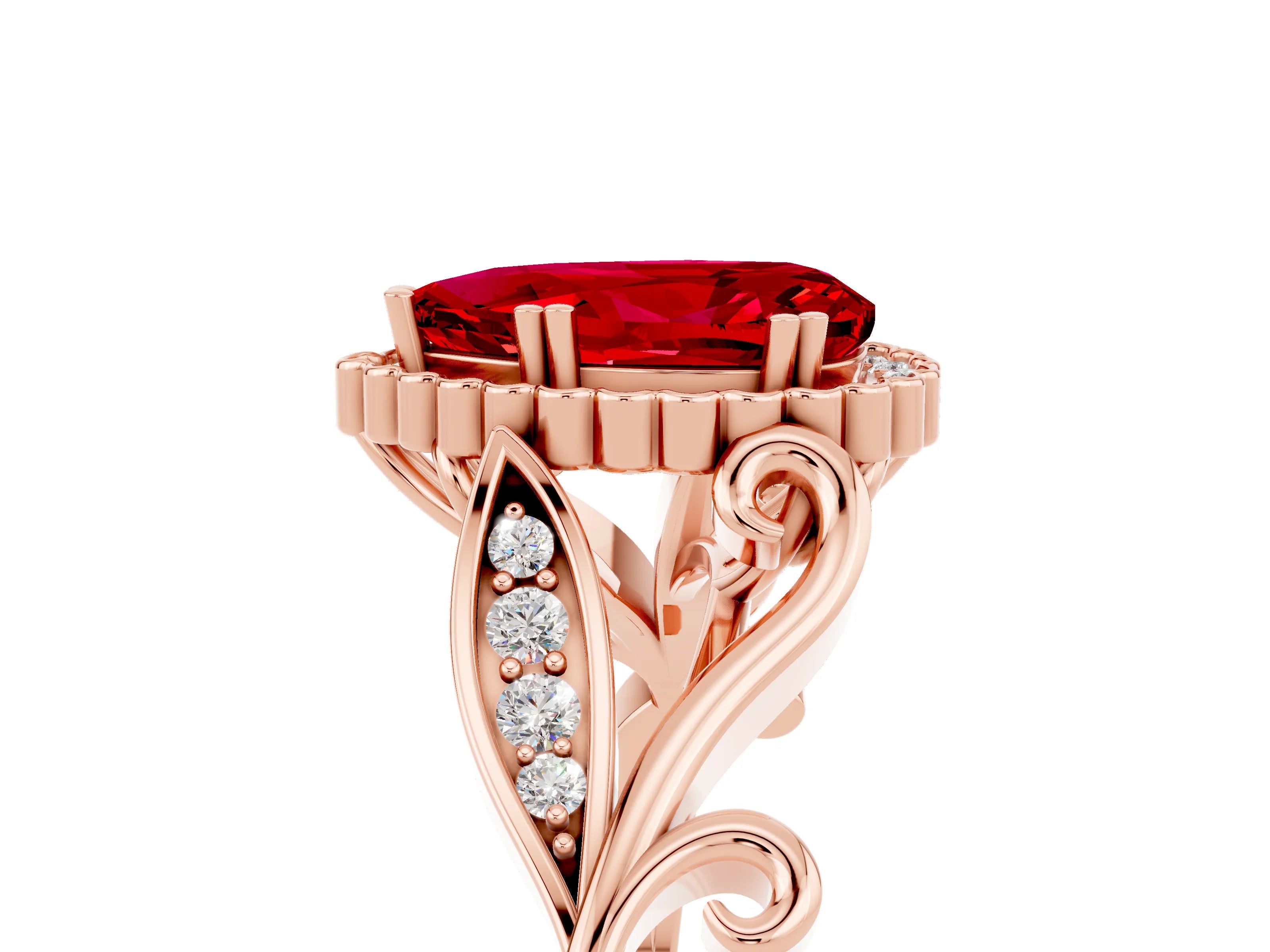 Rose gold Pear Cut Ruby Halo Ring with Vintage Split Shank and Four-Prong Setting_5