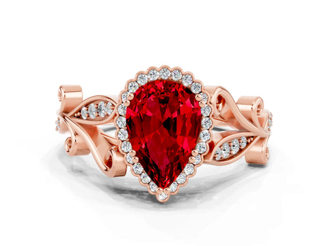 Rose gold Pear Cut Ruby Halo Ring with Vintage Split Shank and Four-Prong Setting