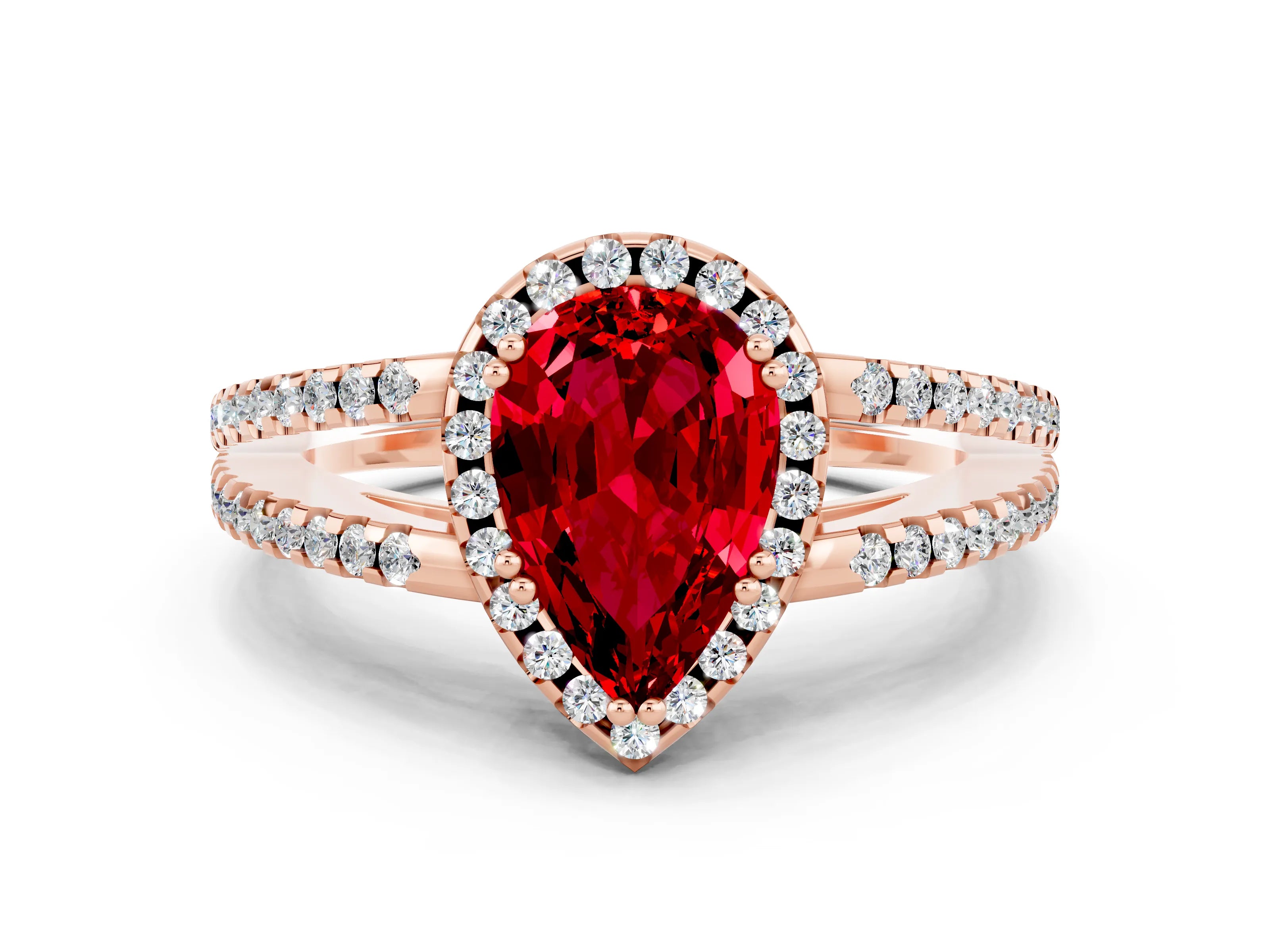 Rose gold Pear Cut Ruby Halo Split Shank Engagement Ring_12