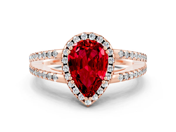 Rose gold Pear Cut Ruby Halo Split Shank Engagement Ring