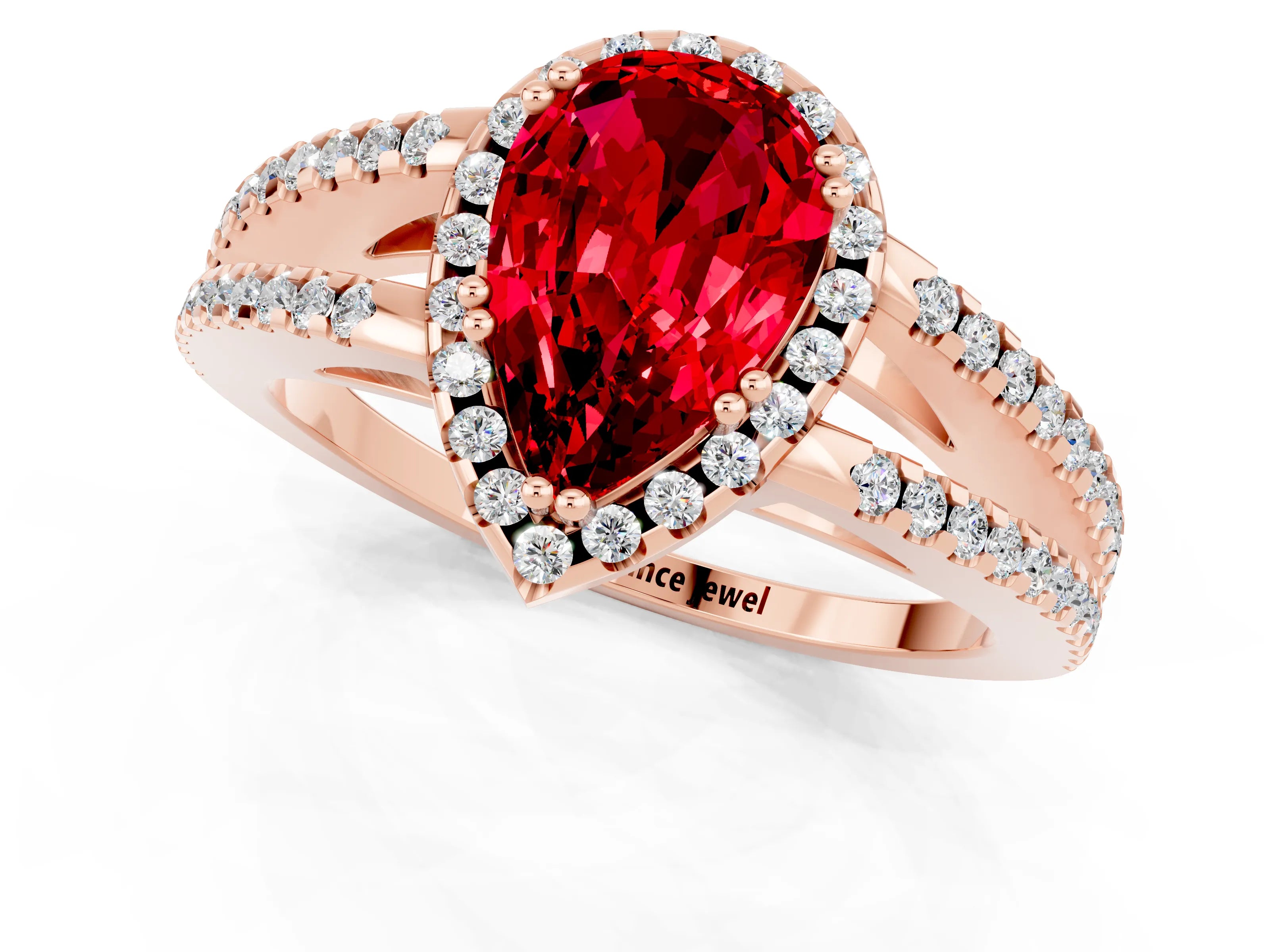 Rose gold Pear Cut Ruby Halo Split Shank Engagement Ring_13