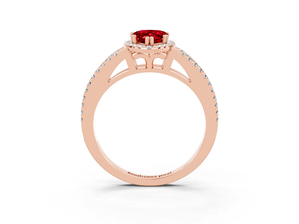 Rose gold Pear Cut Ruby Halo Split Shank Engagement Ring