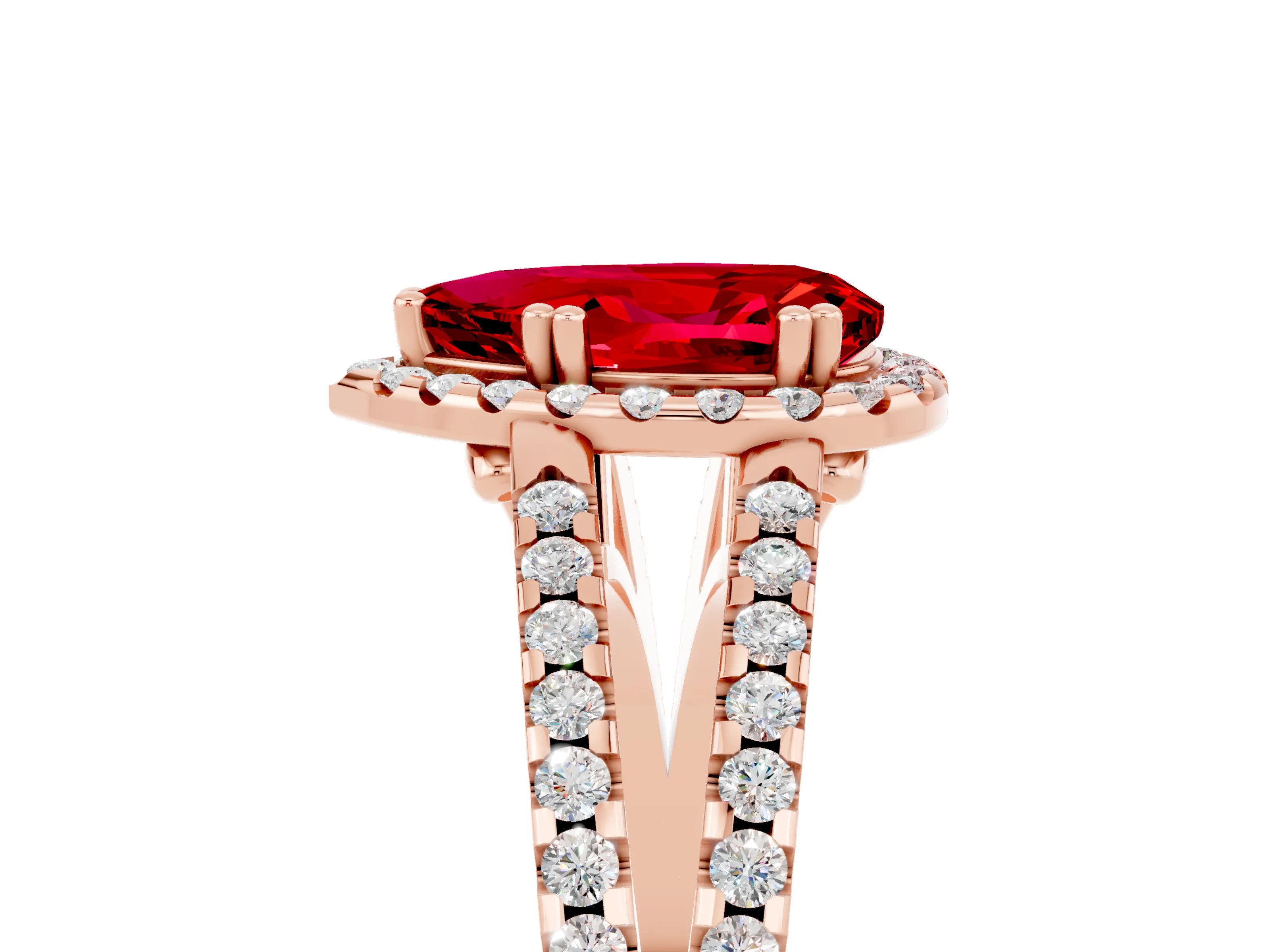 Rose gold Pear Cut Ruby Halo Split Shank Engagement Ring_17