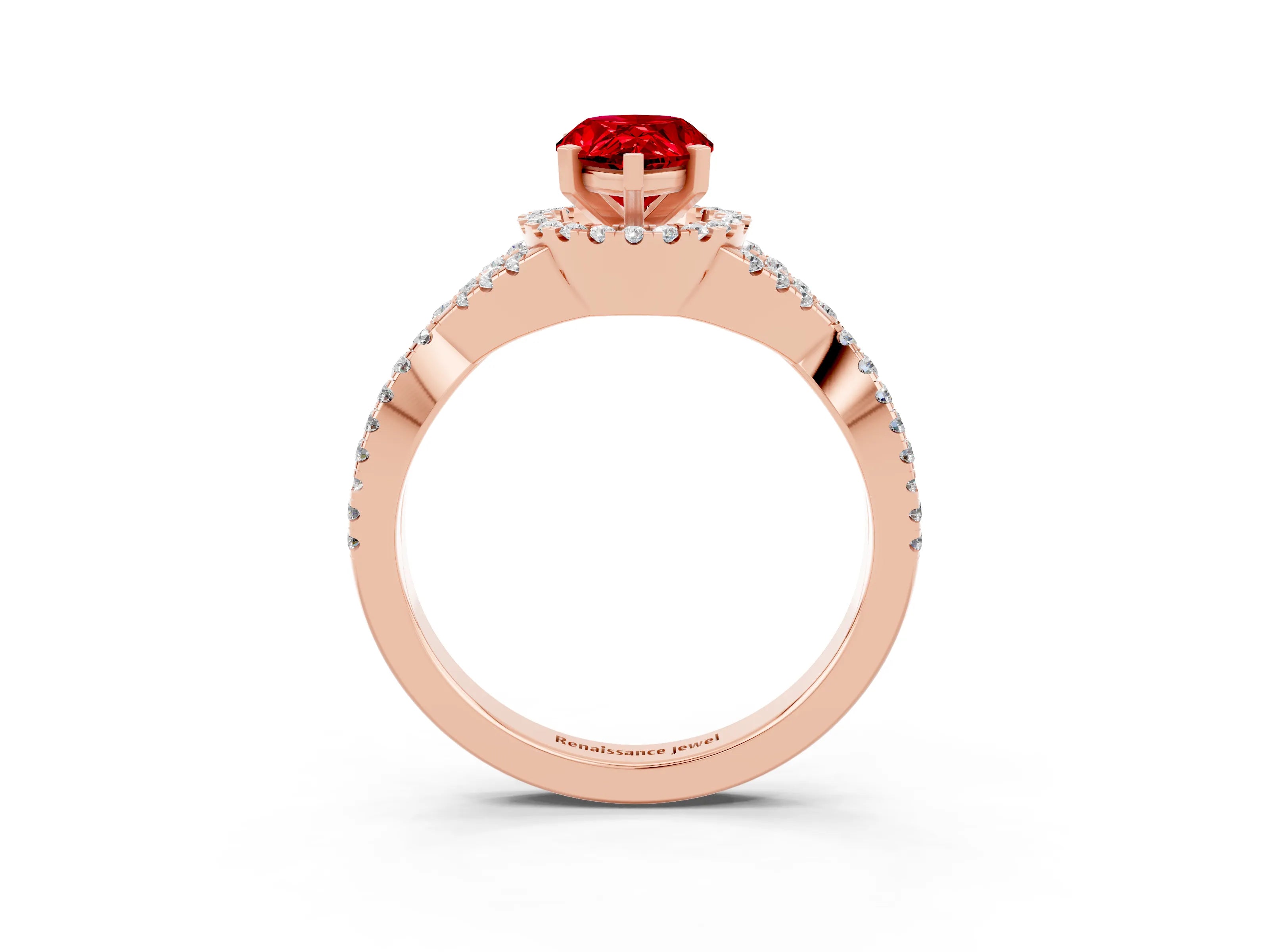 Rose gold Pear Cut Ruby Halo Twist Band Solitaire Prong Setting Ring_3