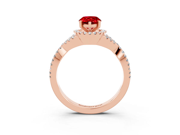 Rose gold Pear Cut Ruby  Halo Twist Band Solitaire Prong Setting Ring