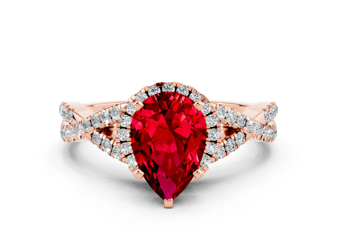 Rose gold Pear Cut Ruby  Halo Twist Band Solitaire Prong Setting Ring_36