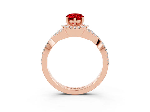Rose gold Pear Cut Ruby Halo Twist Band Solitaire Prong Setting Ring_3