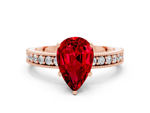 Rose gold Pear Cut Ruby Milgrain Pavé Engagement Ring with Four-Prong Setting