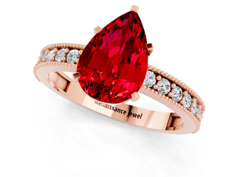 Rose gold Pear Cut Ruby Milgrain Pavé Engagement Ring with Four-Prong Setting_1