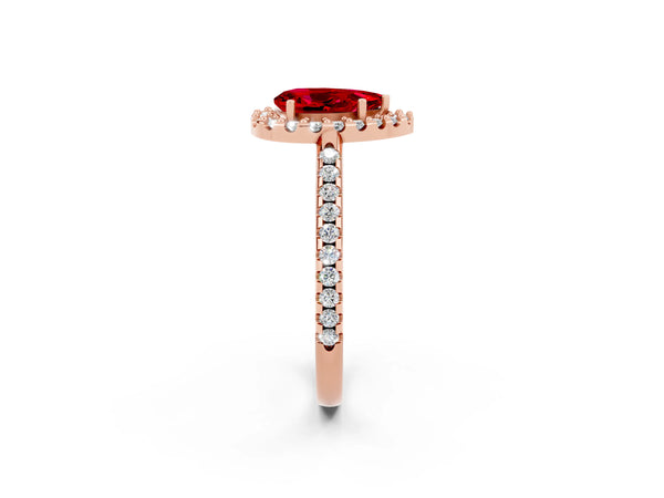 Rose gold Pear Cut Ruby Pavé Halo Ring with Four-Prong Setting