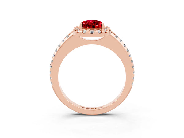 Rose gold Pear Cut Ruby Pavé Halo Ring with Four-Prong Setting